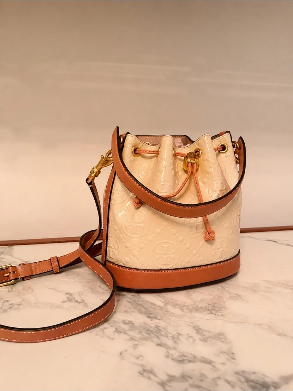 Tory Burch Cream and Tan Embossed Bucket Bag - NEVER USED